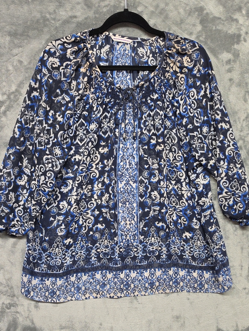 Allison Daley Navy and White Floral Smocked-Neck Tunic